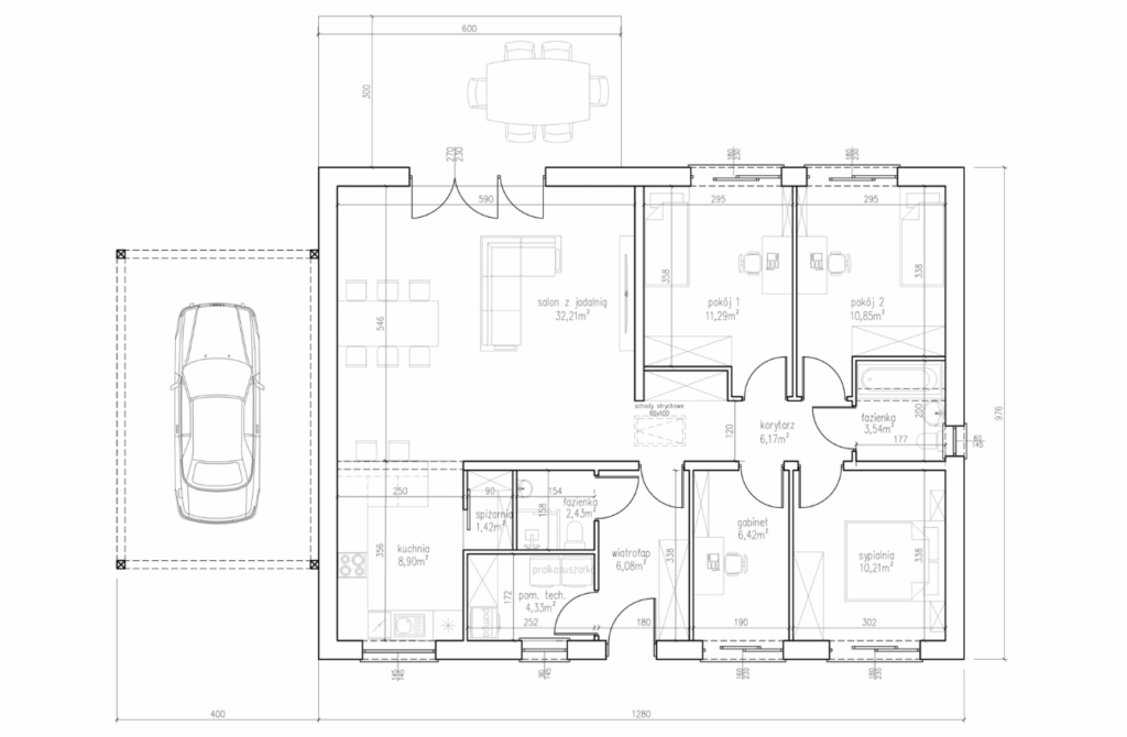 Rzut parterowego domu o nowoczesnym układzie funkcjonalnym - trzy pokoje, salon z jadalnią, dwie łazienki oraz garaż. Projekt opracowany przez Osada Development z myślą o komforcie, ergonomii i harmonii z naturą.