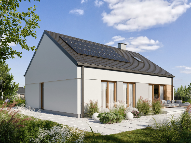 Wizualizacja nowoczesnego domu parterowego 105 m² z ogrodem i panelami fotowoltaicznymi.