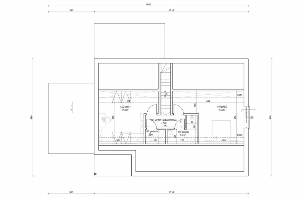 Rzut poddasza użytkowego o powierzchni 50 m² z dwoma pokojami, łazienką i garderobą - projekt domu Osada Development