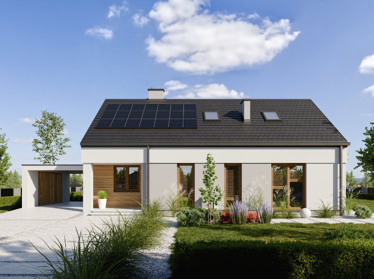 Wizualizacja nowoczesnego domu parterowego 105 m² w inwestycji Osada Development, położonej nad polskimi rzekami.