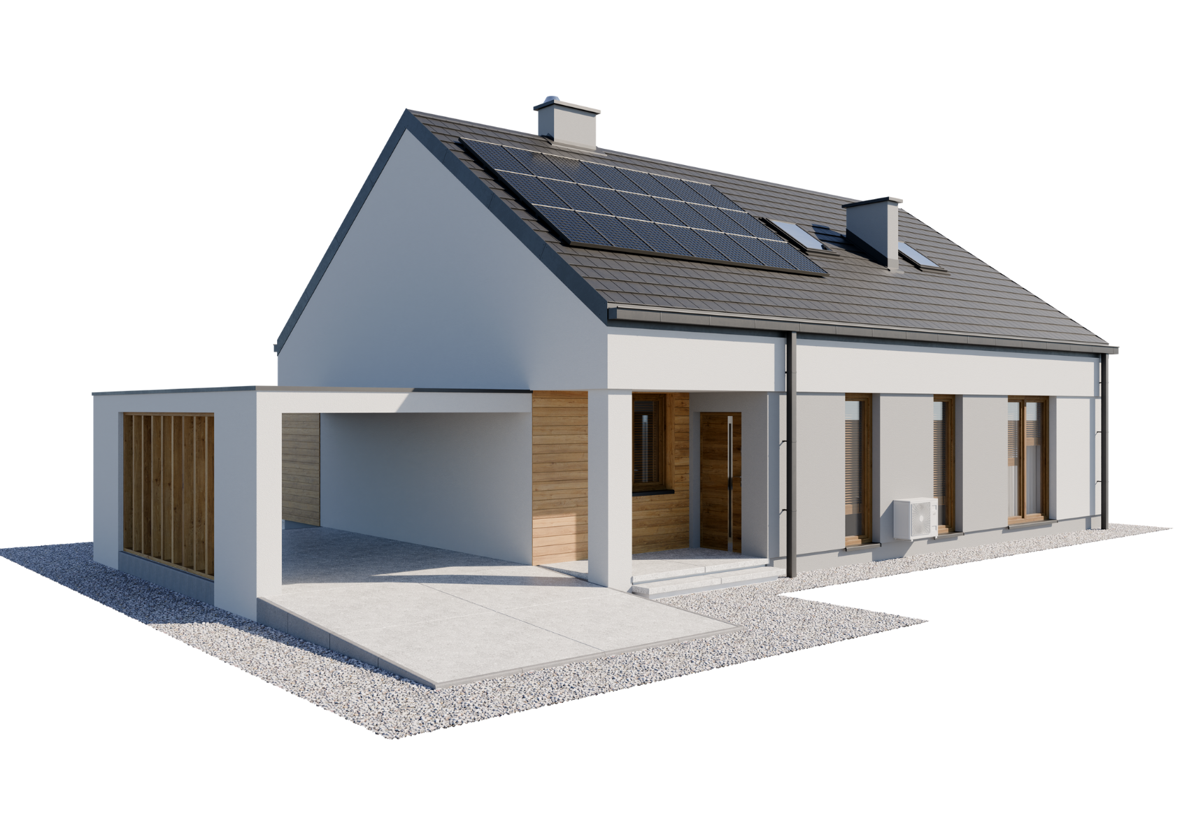 Nowoczesny parterowy dom jednorodzinny 105 m² z panelami fotowoltaicznymi i garażem, wizualizacja Osada Development.