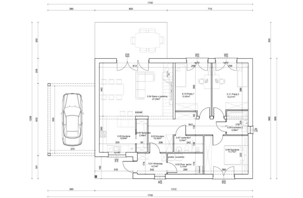 Rzut parterowego domu z trzema pokojami, salonem z jadalnią i tarasem, projekt Osada Development